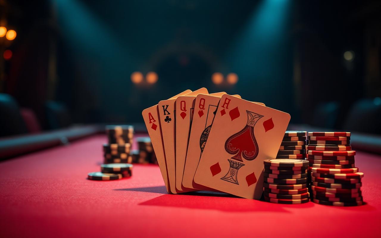 Poker-Tisch mit Ass-König-Suited als Starthand vor Chip-Stapeln — Symbolbild für Poker-Strategie