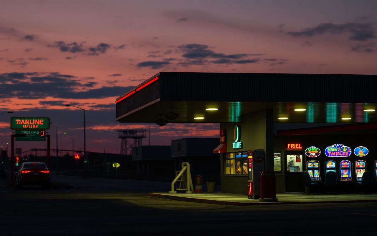 Truckstop in Louisiana mit Casino-Neonschild bei Nacht — Symbolbild zur Übernahme von Toucan Gaming durch Accel Entertainment