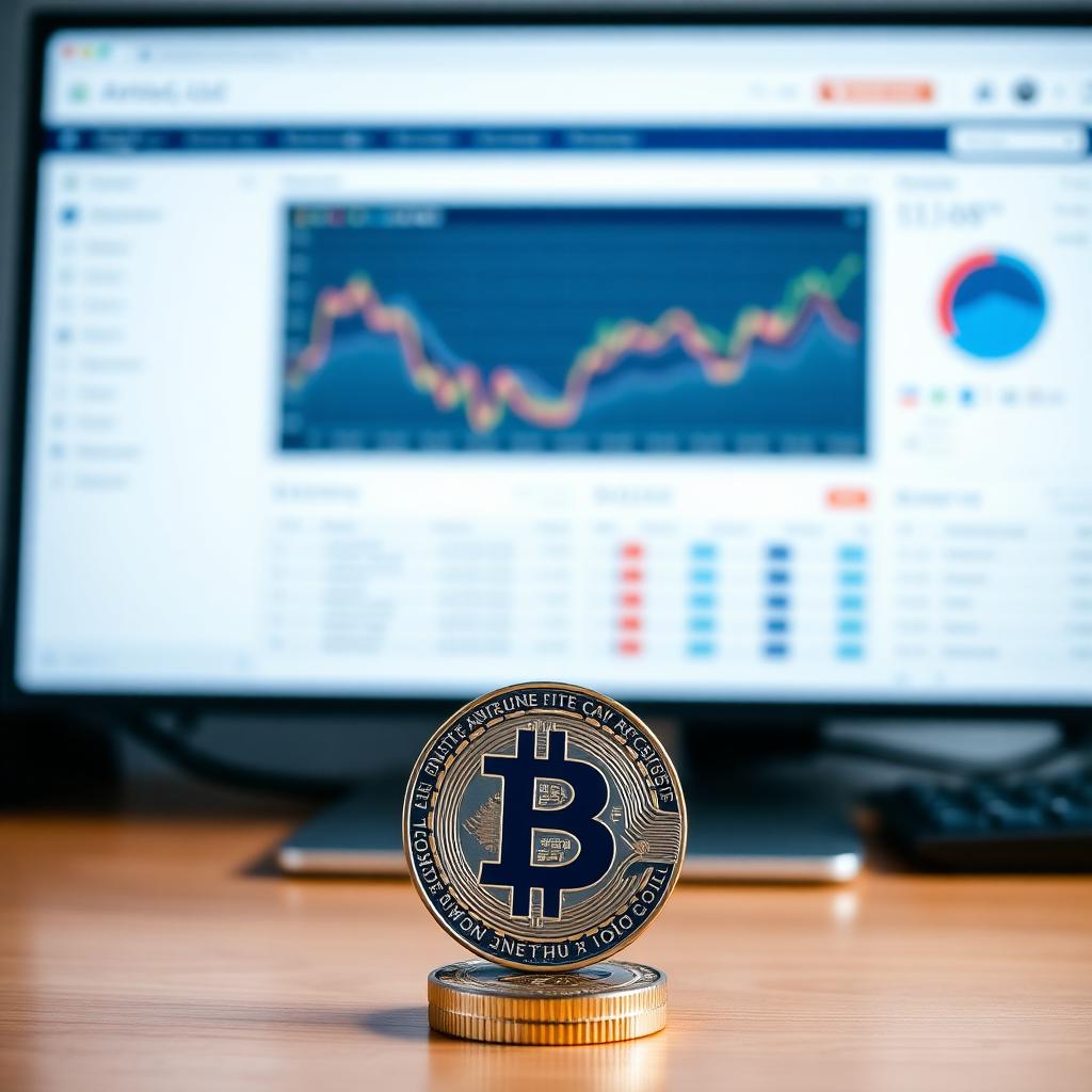 Finnische Flagge neben einer Bitcoin-Münze auf einem Schreibtisch mit Analytics-Dashboard – Symbolbild Finnland Kryptoregulierung Affiliate-Markt