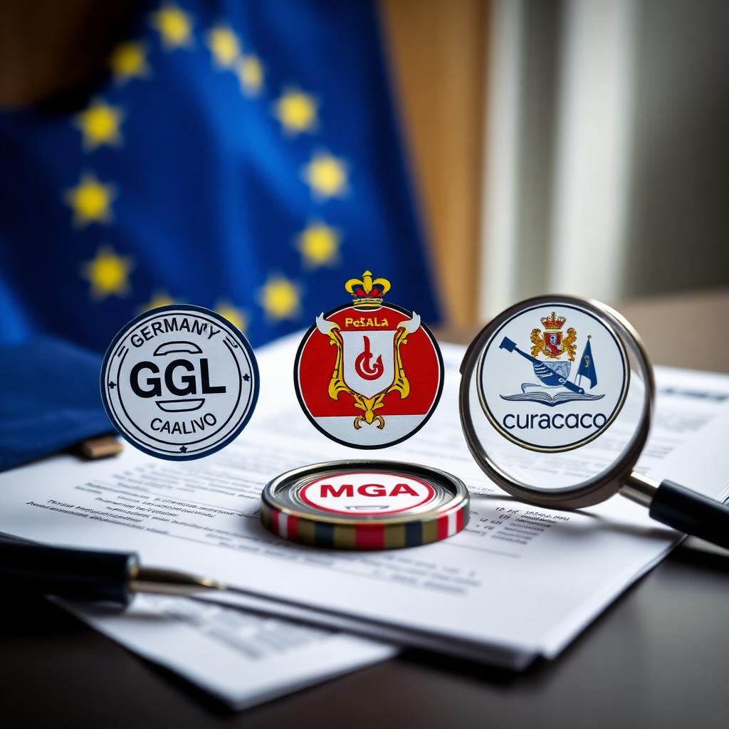 Lizenzsiegel von GGL, MGA und Curaçao auf Rechtsdokumenten mit Lupe und EU-Flagge — Symbolbild für Casino-Lizenzvergleich