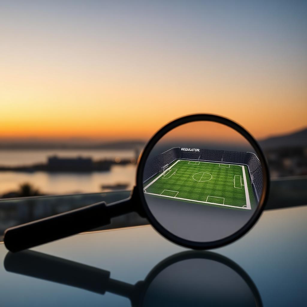 Stilisierter Spielfeld-Ausschnitt unter Lupe vor maltesischer Küste in der Abenddämmerung – Symbolbild zur MGA-Warnung vor Wettbetrug zur WM 2026