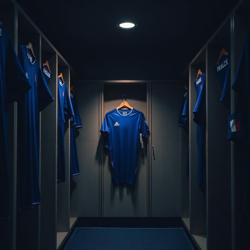 Dunkle Umkleidekabine mit einzelnem blauen Trikot an der Wand – Symbolbild für den Spielerprotest der französischen Nationalmannschaft gegen Betclic-Werbung