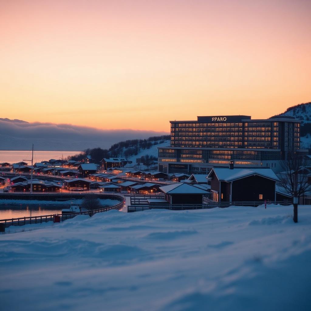 Verschneiter Küstenort in Hokkaido bei Sonnenuntergang mit Silhouette eines modernen Resort-Hotels im Hintergrund, Symbolbild zur Hokkaido-Entscheidung über ein Integrated Resort in Tomakomai